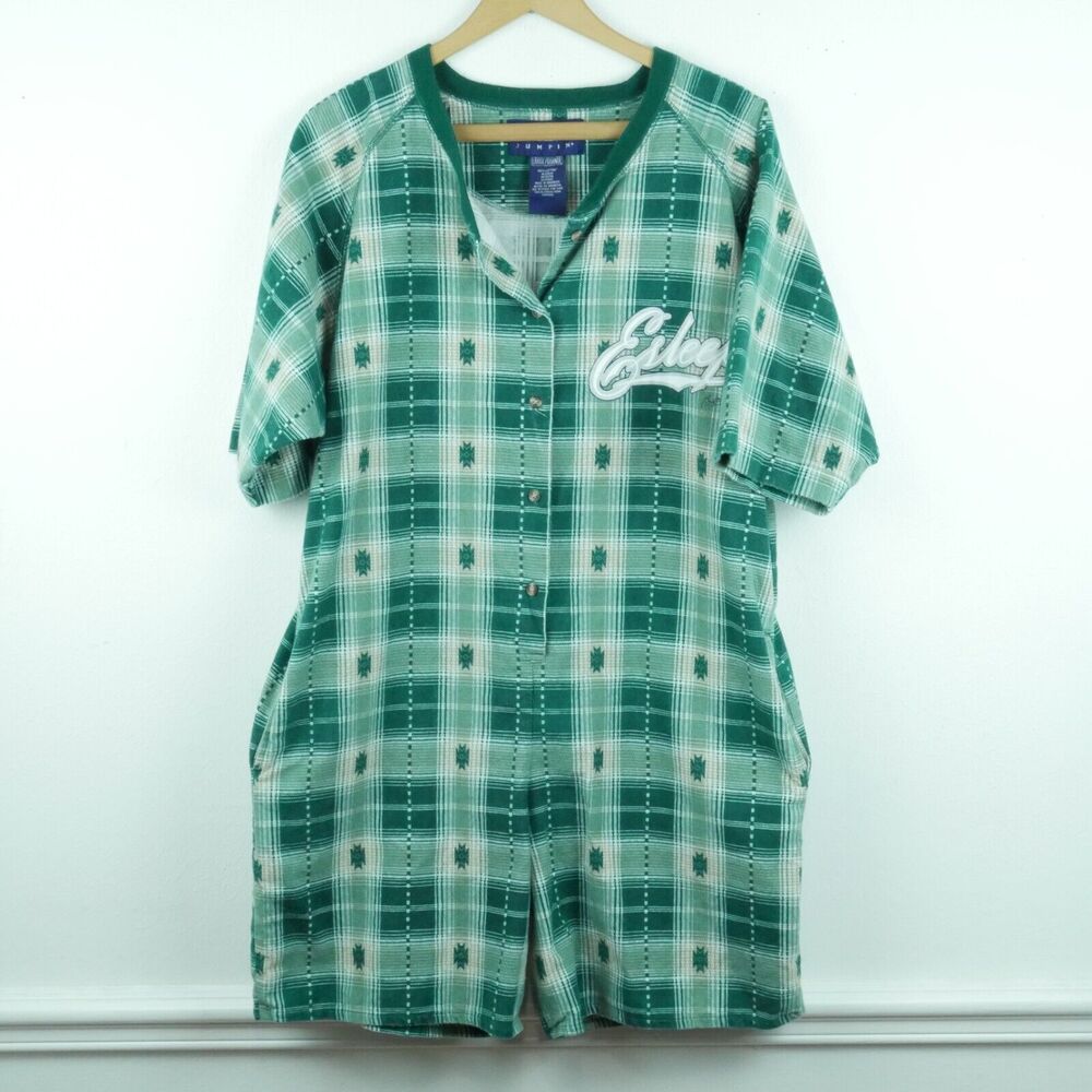 Vintage Women's Large Pajamas One Piece Green Plaid Flannel 90s Grunge Cabincore